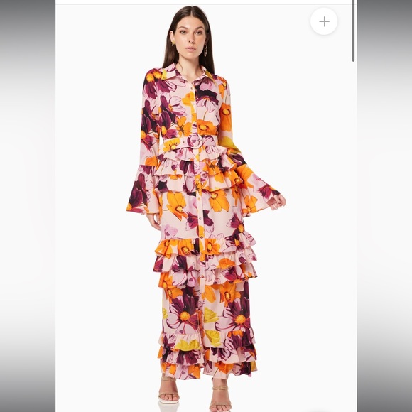 elliatt orange floral print collared button down flare sleeve belted maxi dress - Picture 1 of 9